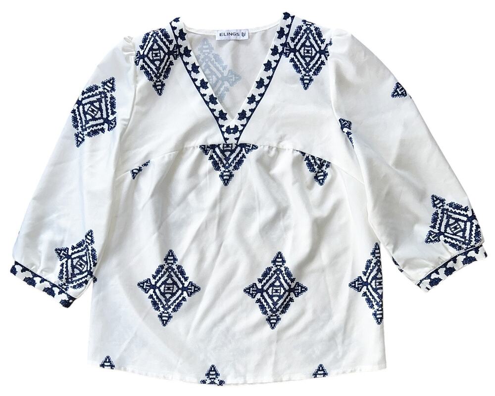 Elings Boho White & Blue Geometric Print Bracelet Sleeve V-Neck Blouse Small